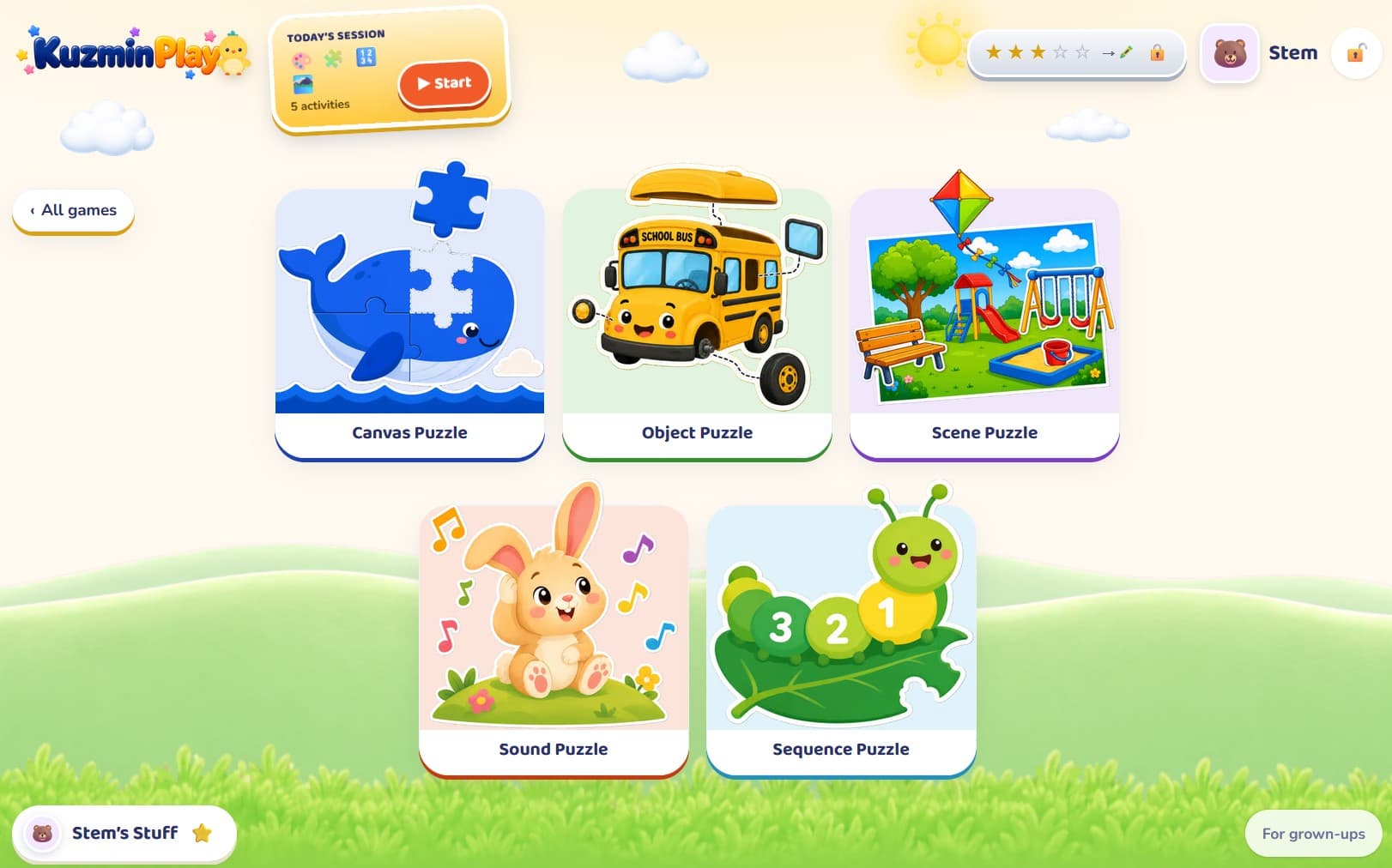 The Puzzles tile opened: five puzzle games — Canvas, Object, Scene, Sound and Sequence — with a back link reading All games.
