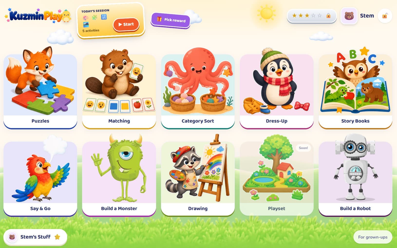 The KuzminPlay shelf on an iPad: ten painted game tiles — Puzzles, Matching, Category Sort, Dress-Up, Story Books, Say and Go, Build a Monster, Drawing, Playset and Build a Robot — under a Today's session card with a Start button and a lock in the corner.